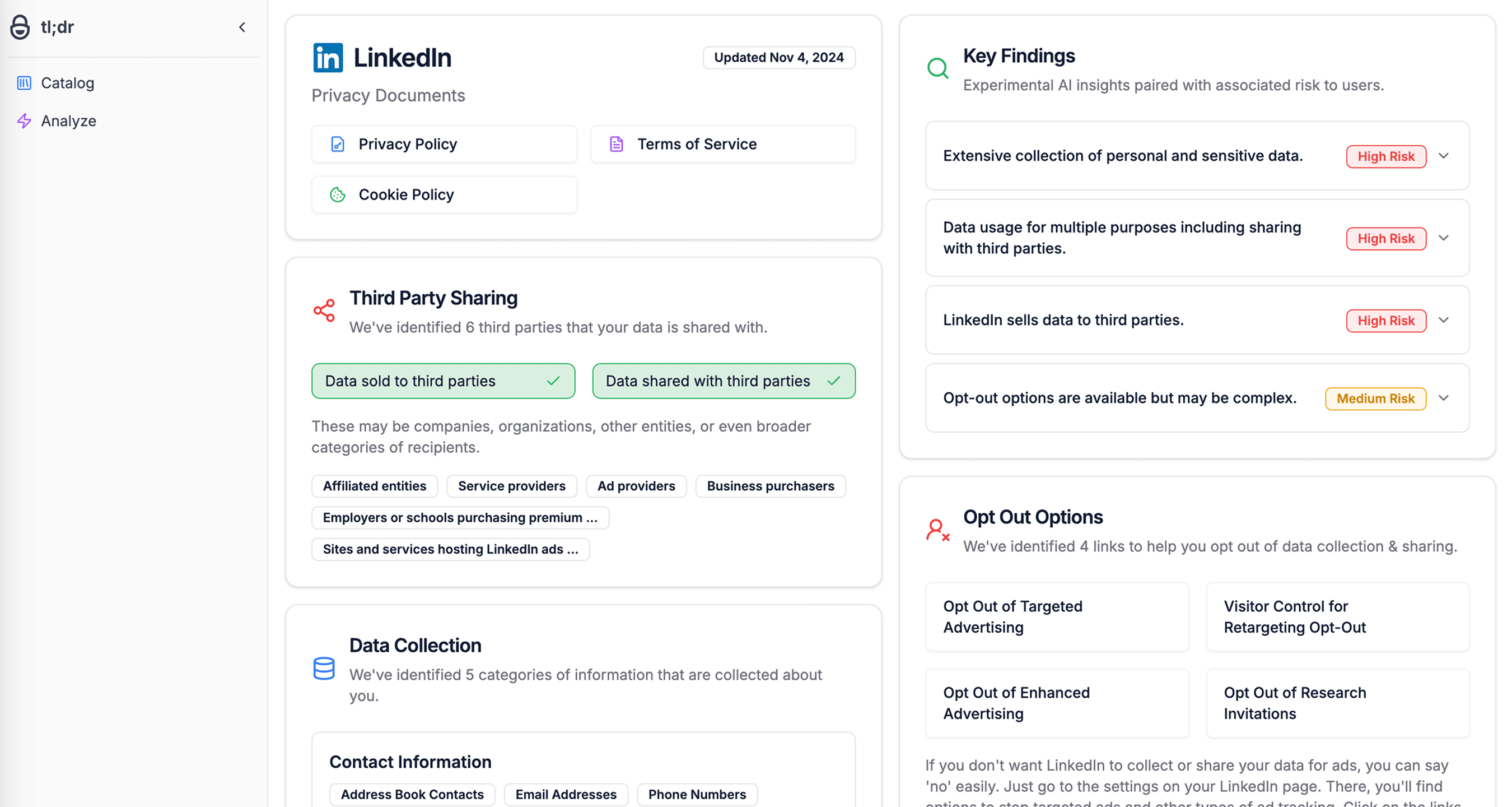 Privacy TL;DR dashboard showing policy analysis and data tracking